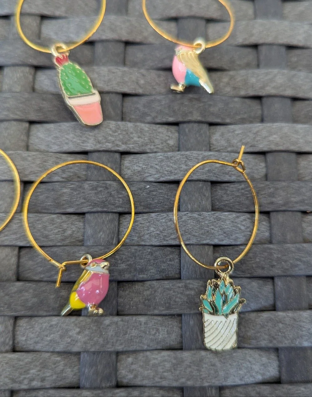 Set Of 8 Nature Themed Wine Glass Charms Birds, Plants, Bumble Bee, Cactus